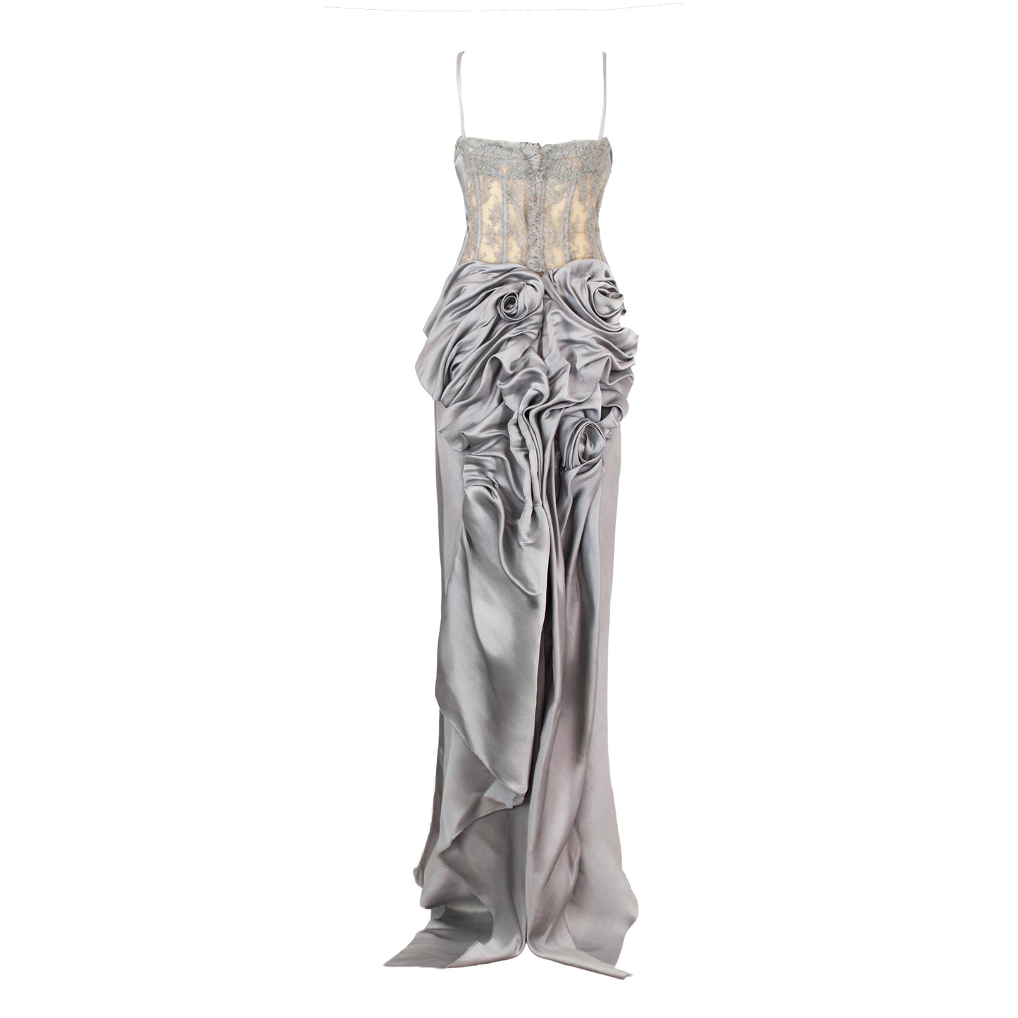 90's Haute Couture Silk Dress Lace Bustier and Draped Floral Back