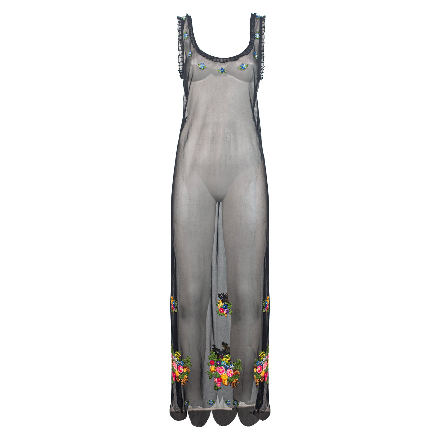90s Black Mesh Dress Embroidered Flowers