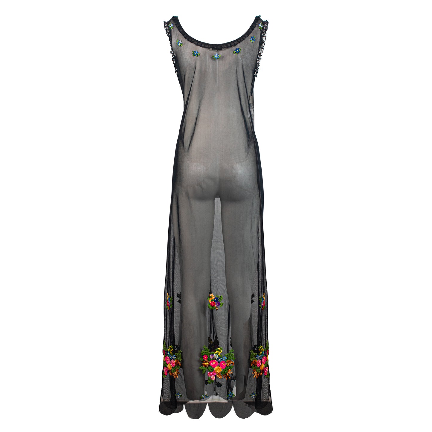 90s Black Mesh Dress Embroidered Flowers