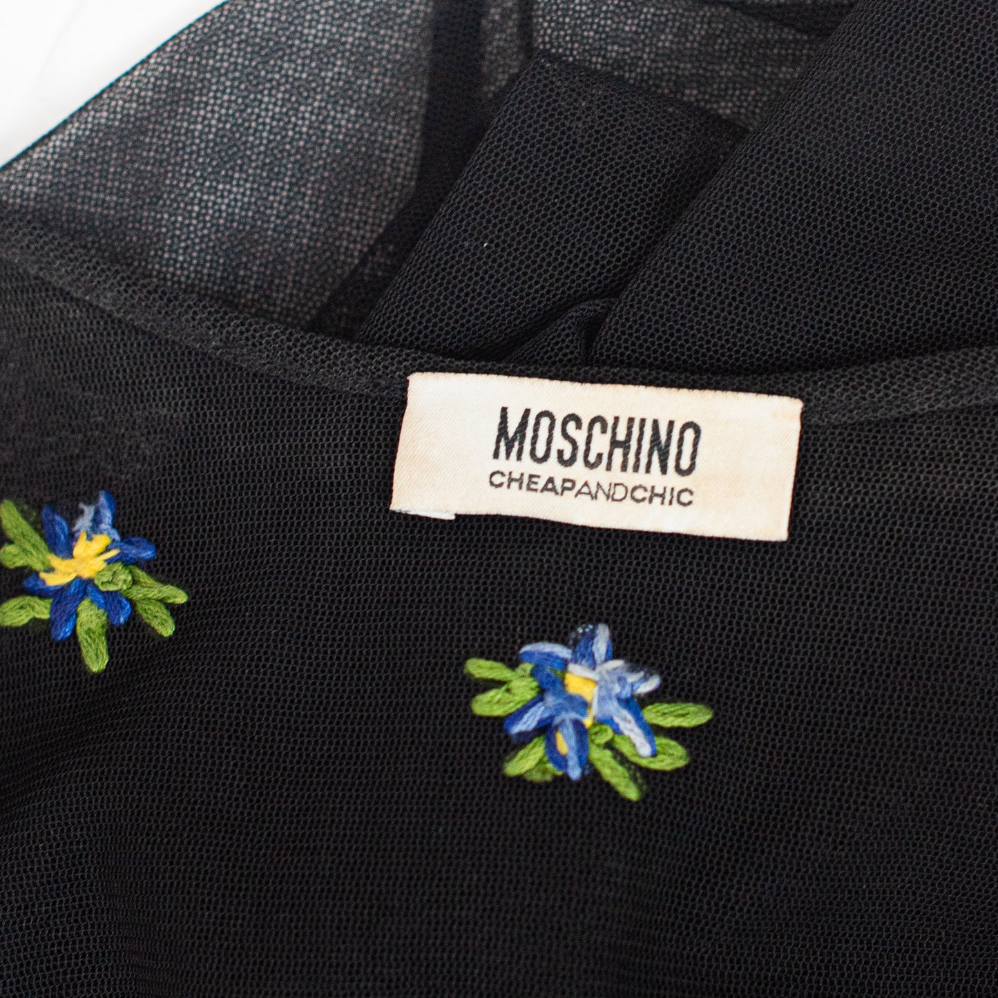 90s Black Mesh Dress Embroidered Flowers