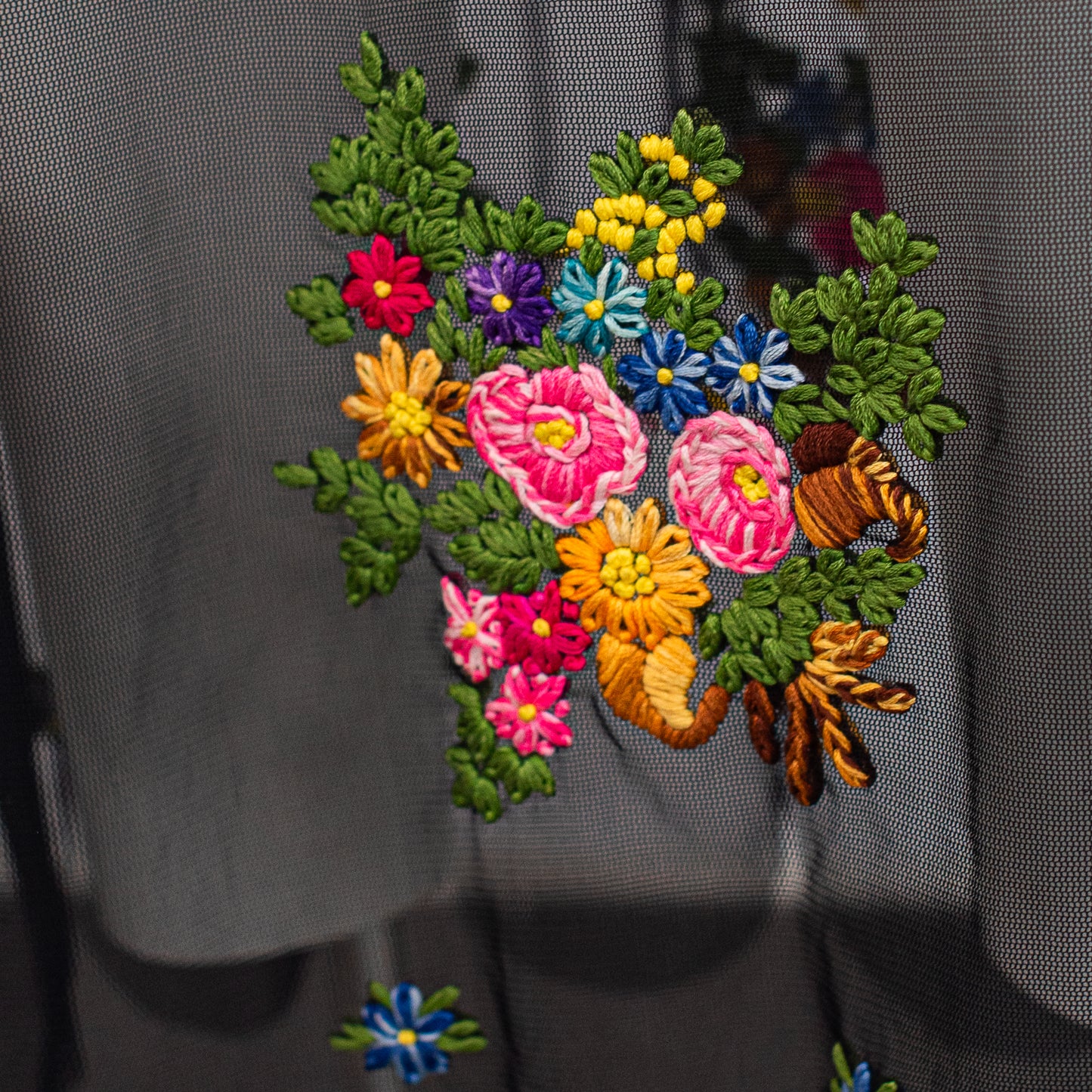 90s Black Mesh Dress Embroidered Flowers