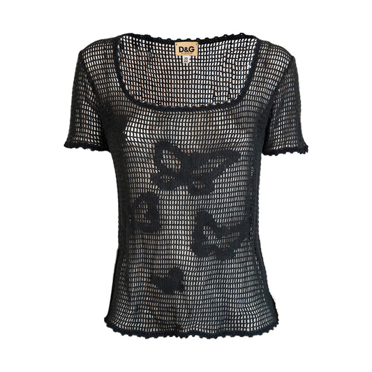90's Black Butterfly Crochet Top