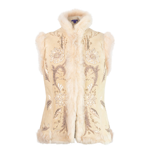 00's Embroidered Suede Shearling Vest