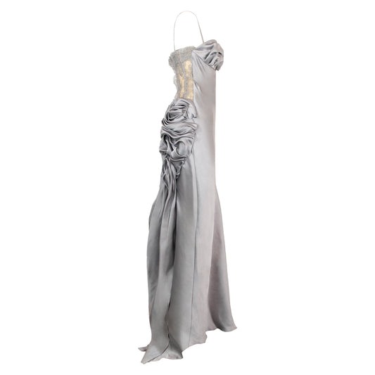 90's Haute Couture Silk Dress Lace Bustier and Draped Floral Back