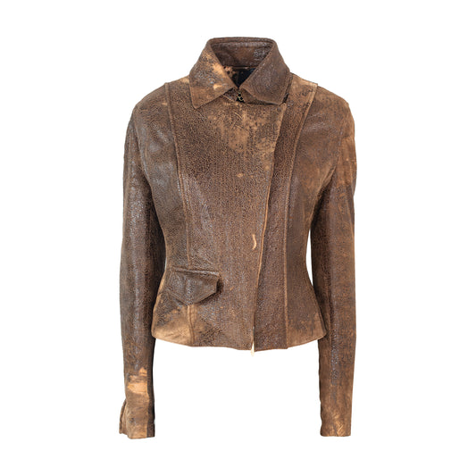 FW 2002 Distressed Leather Jacket with Patchwork Lining