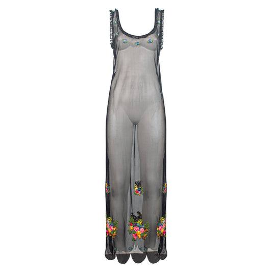 90s Black Mesh Dress Embroidered Flowers