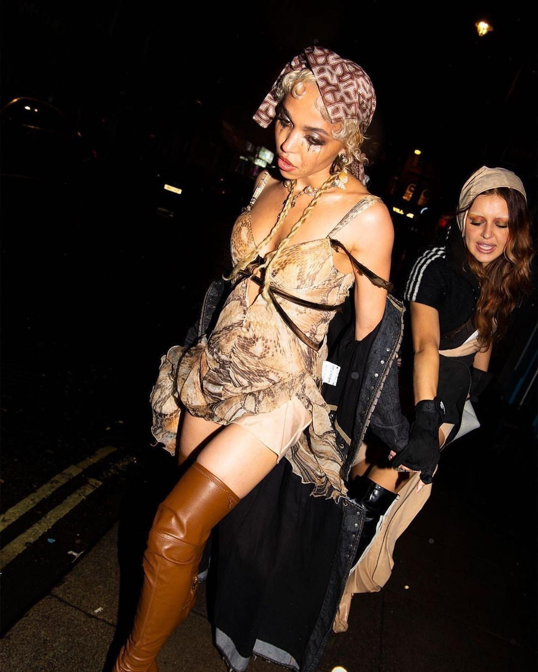FKA Twigs wearing Roberto Cavalli reptile print silk mini dress reference