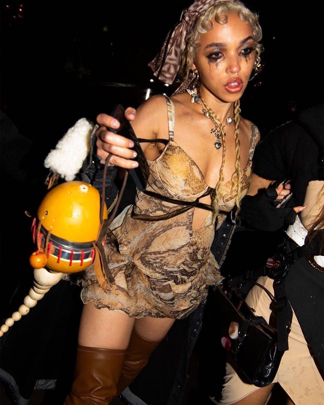 FKA Twigs wearing Roberto Cavalli reptile print silk mini dress reference