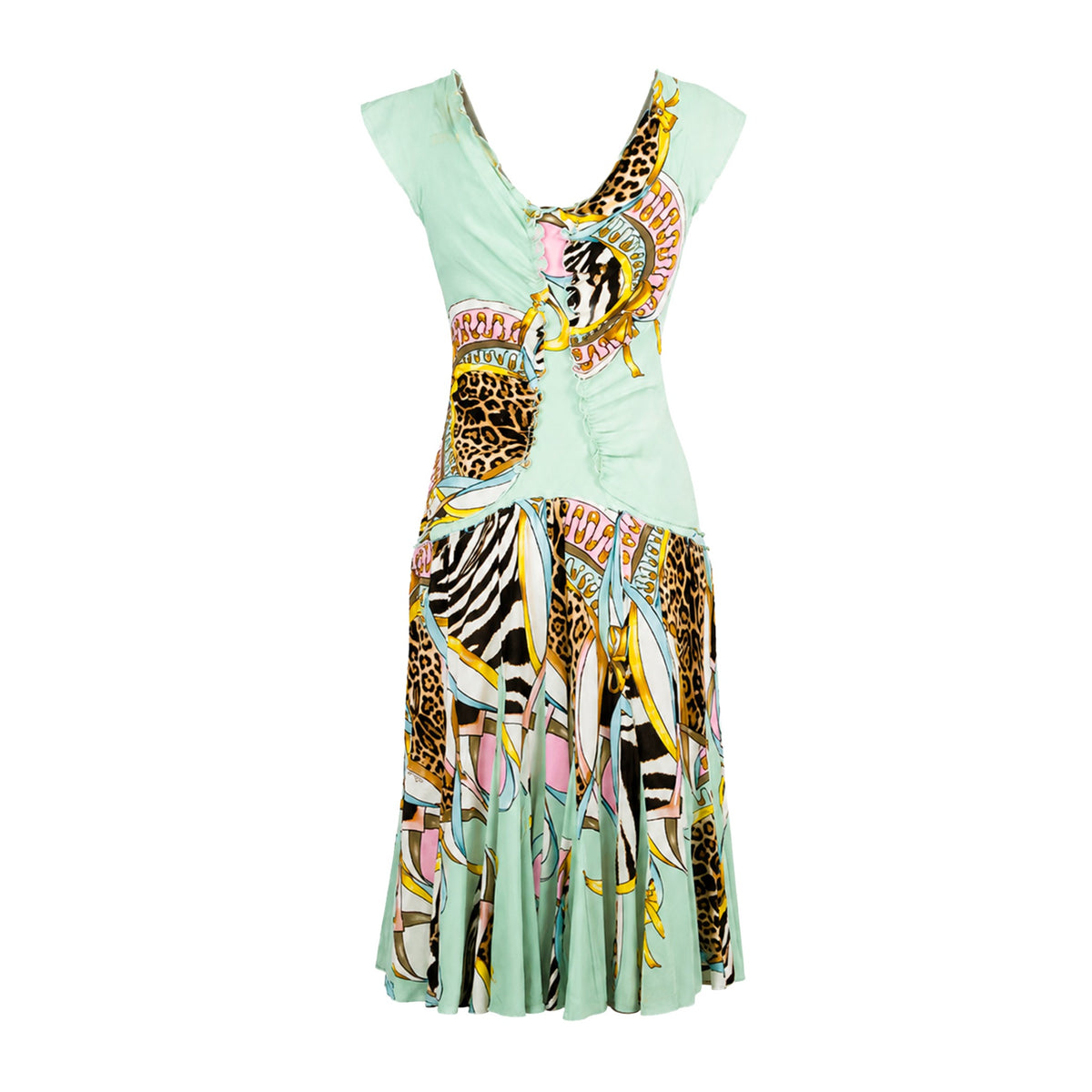 Roberto Cavalli SS 2004 floral leopard lace-up silk runway dress back view
