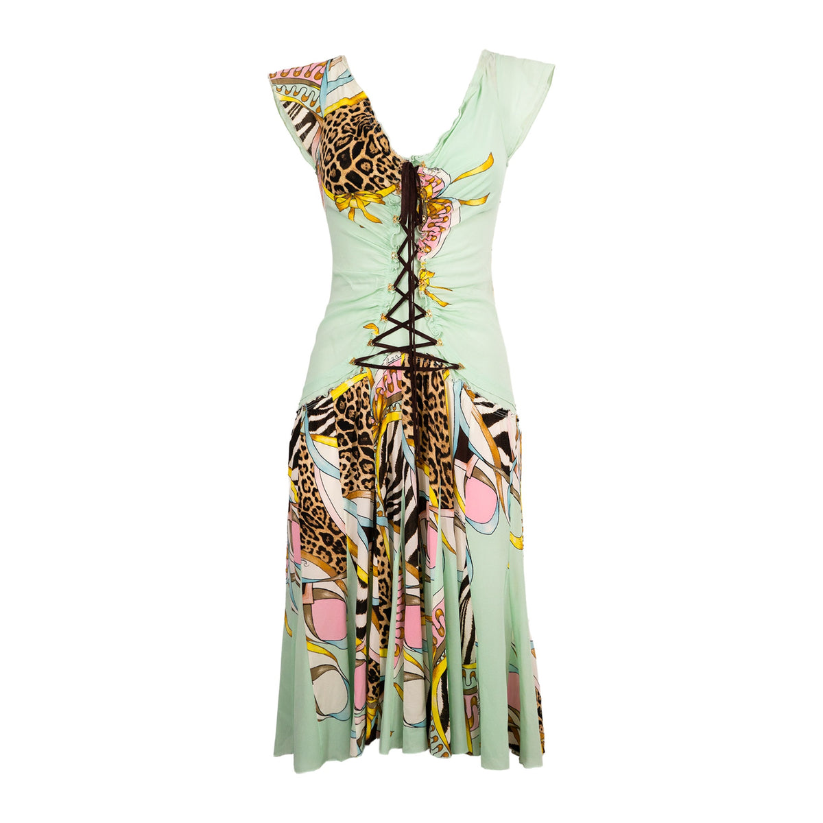 Roberto Cavalli SS 2004 floral leopard lace-up silk runway dress front view