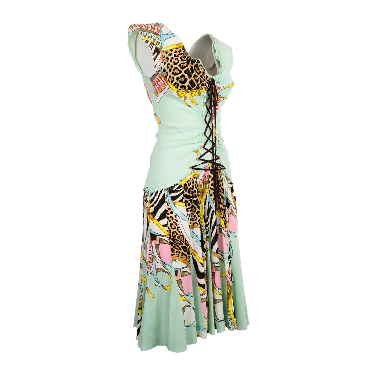 Roberto Cavalli SS 2004 floral leopard lace-up silk runway dress side view