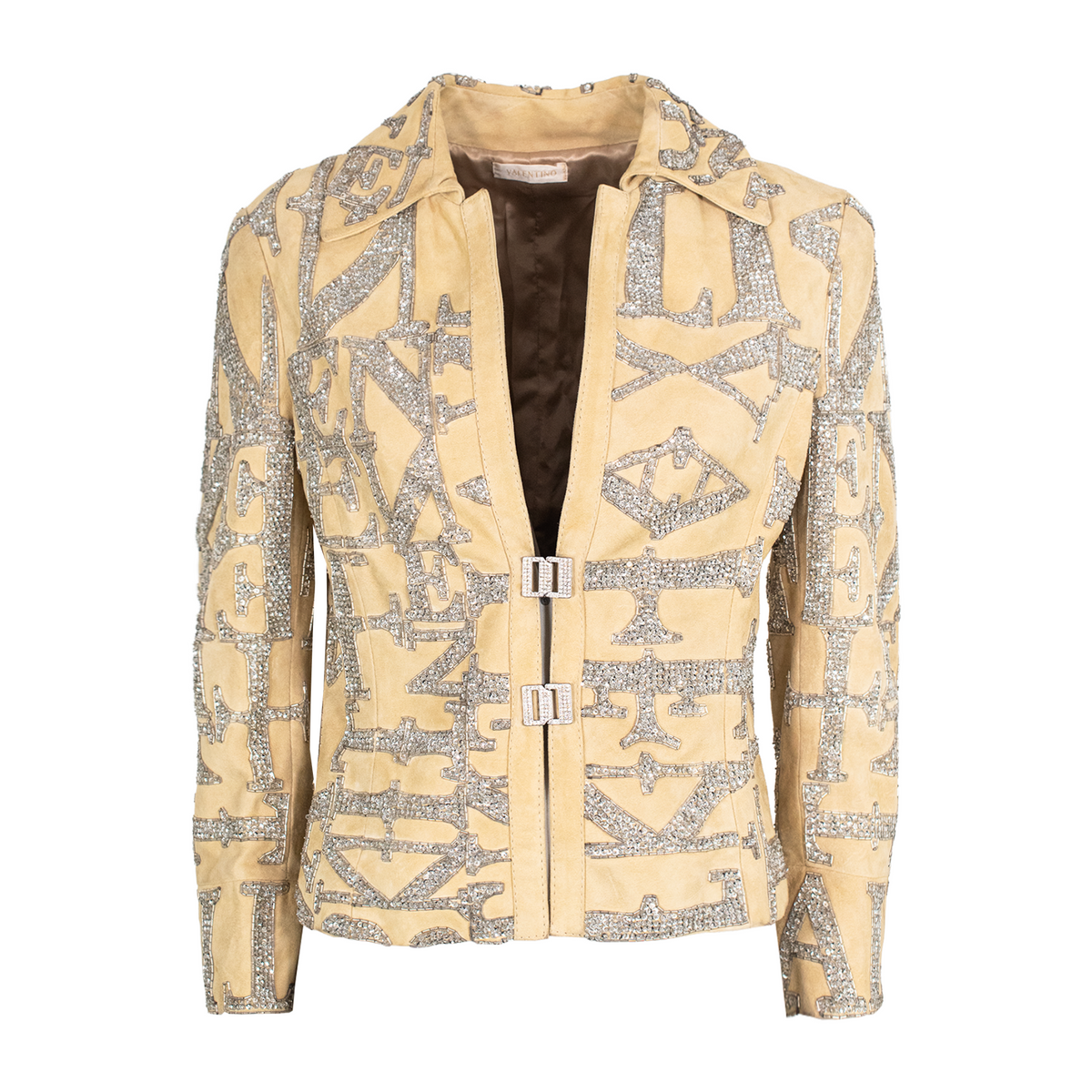 Valentino SS 2005 runway crystal logo goat suede jacket front