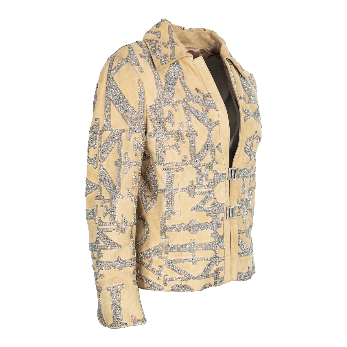 Valentino SS 2005 runway crystal logo goat suede jacket three-quarter view